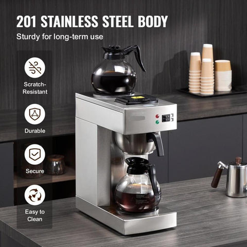 12 Cups Commercial Drip Coffee Maker, Coffee Maker Machine with 2 Glass Carafes and 2 Warmer Plates, Stainless Steel Pour Over Coffee Brewer for Restaurant, Office, Cafe