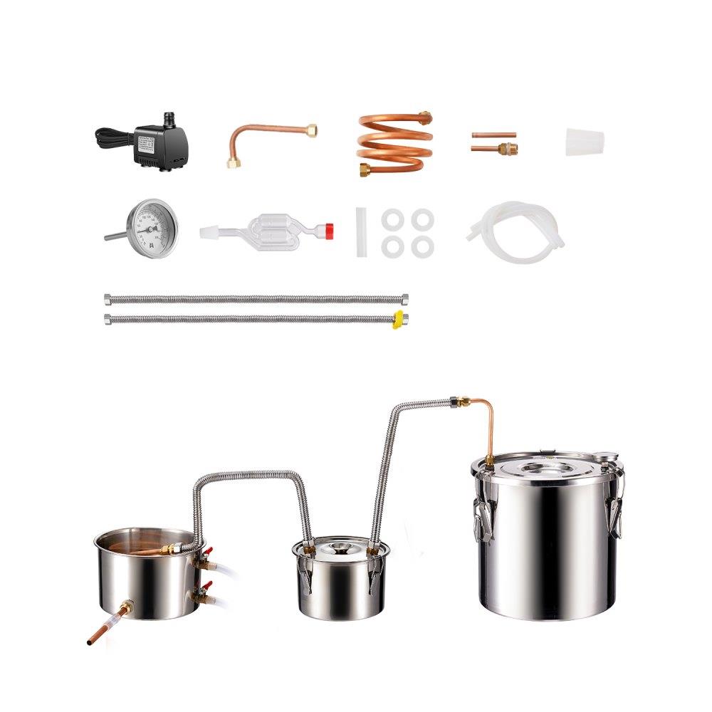 Alcohol Still, 5 Gal / 19 L Stainless Steel Water Alcohol Distiller with Copper Coil for Fast Cooling, Dual Condenser Distiller Kit with Secondary Distillation, for Wine Whisky Brandy, Silver