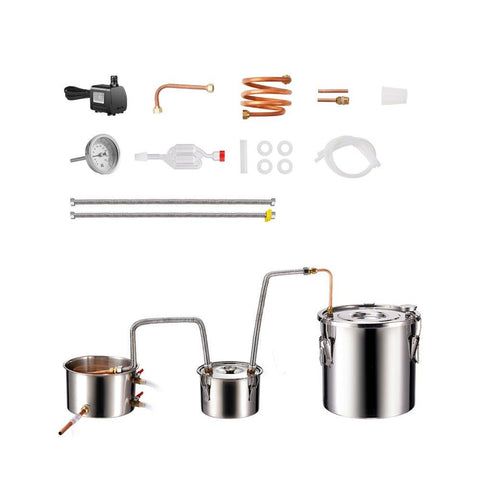 Alcohol Still, 5 Gal / 19 L Stainless Steel Water Alcohol Distiller with Copper Coil for Fast Cooling, Dual Condenser Distiller Kit with Secondary Distillation, for Wine Whisky Brandy, Silver