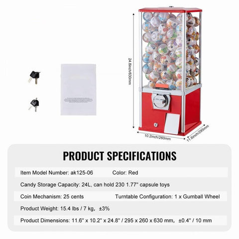 Gumball Machine for Kids, 25" Height Home Vending Machine, PS Bouncy Balls Dispenser, Hold 230 Capsule Toys, Rectangle Bubble Gum Machine for Game Stores, Coin Operated Gumball Bank, Red