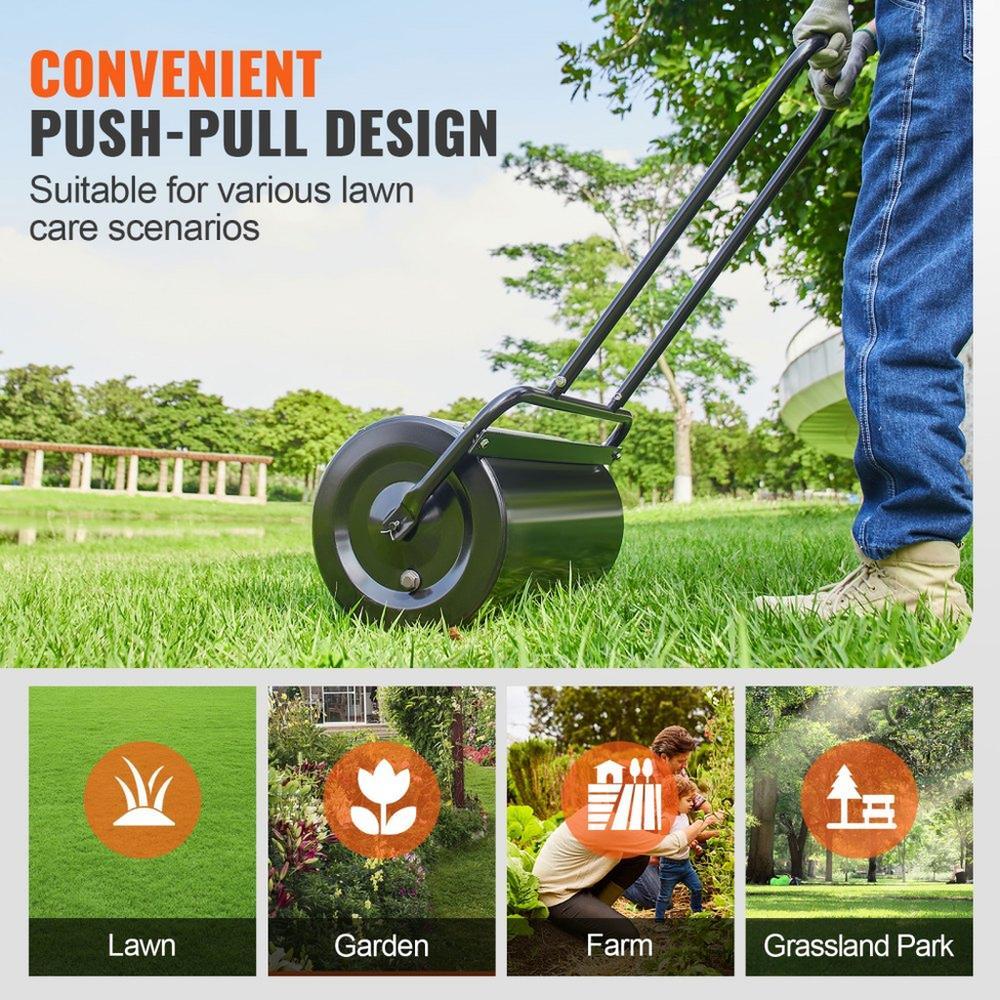 Lawn Roller 13 Gallon Sand or Water Filled Steel Sod Roller with Easy Turn Plug and U Shaped Handle for Lawn Garden Farm and Park Black