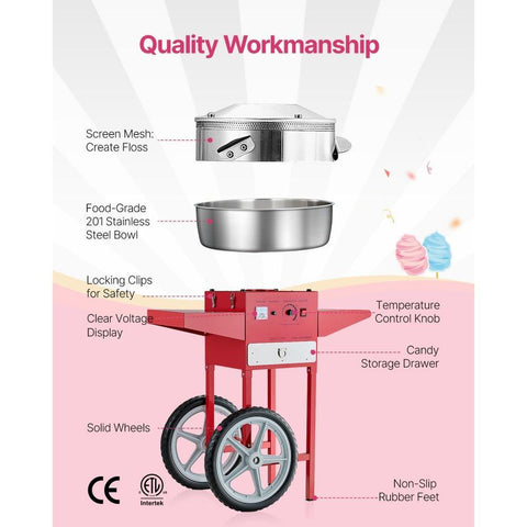 Commercial Cotton Candy Machine with Cart Sugar Floss Maker 1000W for Party Red