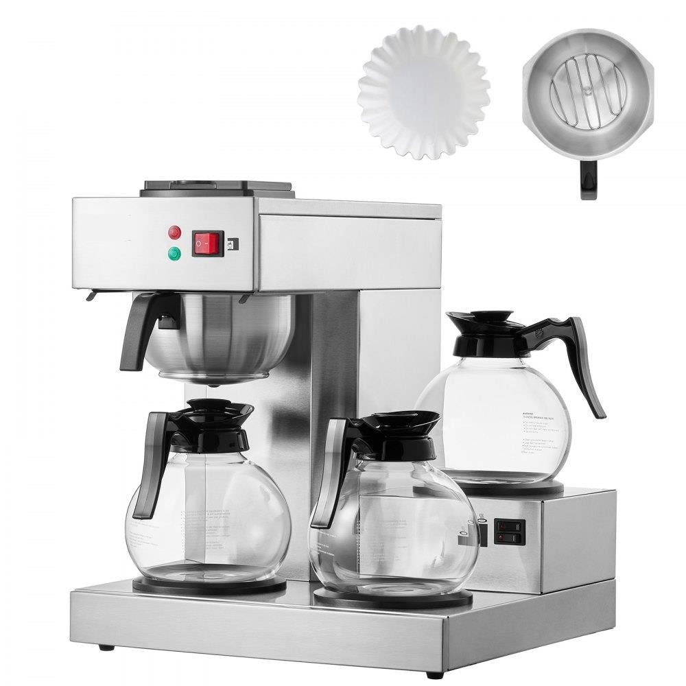 12 Cups Commercial Drip Coffee Maker, Coffee Maker Machine with 3 Glass Carafes and 3 Warmer Plates, Stainless Steel Pour Over Coffee Brewer with Auto Water Intake, for Restaurant Office Cafe