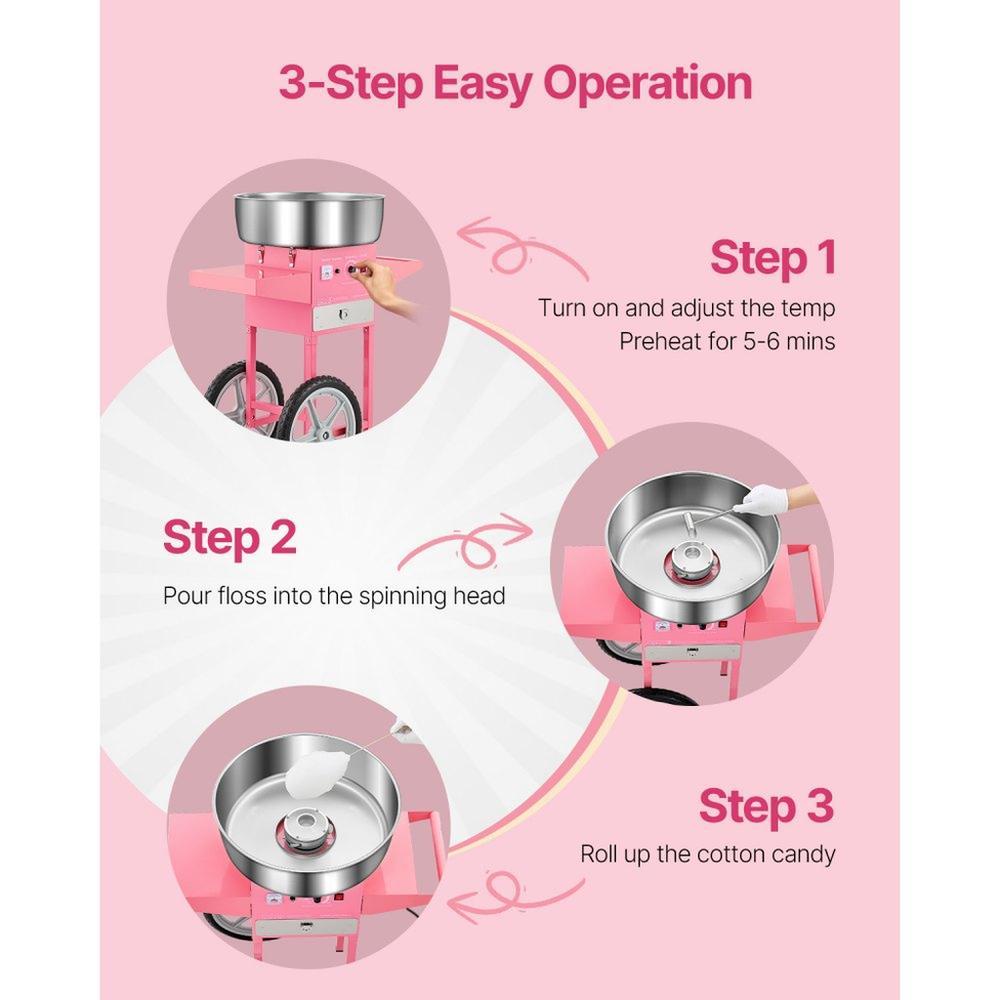 Electric Cotton Candy Machine with Cart, 1000W Commercial Candy Floss Maker with 20.5 in Stainless Steel Bowl, Sugar Scoop, and Drawer, Easy to Use, for Home, Kids Birthday, Family Party, Pink