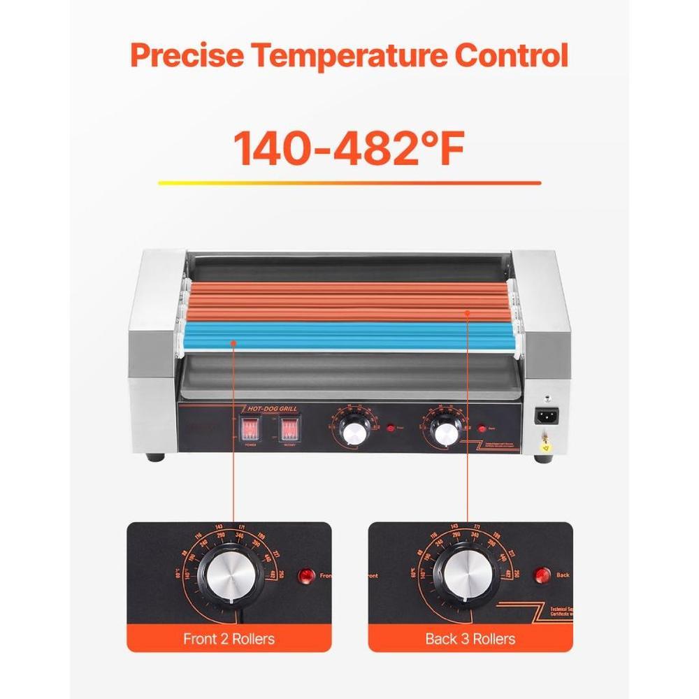 Hot Dog Roller, 12 Hot Dog 5 Rollers, Stainless Steel Sausage Grill Cooker, 750W Hot Dog Machine with Dual Temp Control, Removable Oil Drip Tray, for Party Home Commercial