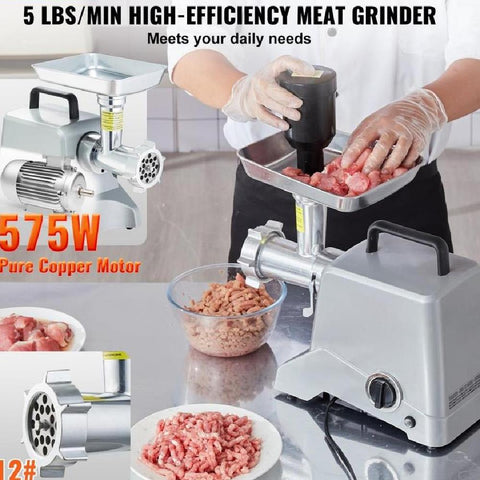 Electric Meat Grinder, 5 Lb/Min Capacity, 575W（800W MAX) Industrial Meat Mincer with Blade, Grinding Plate, Sausage Stuffing Blade and 3 Tubes, Aluminum Commercial Meat Grinder
