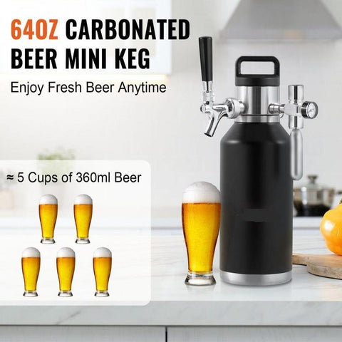 Beer Growler Tap System, 64Oz 1.89L Mini Keg, 304 Stainless Steel Pressurized Beer Growler, Keg Growler with Pressure Display, CO2 Regulator Faucet, Leak-Proof Ring For Draft Homebrew Craft Beer
