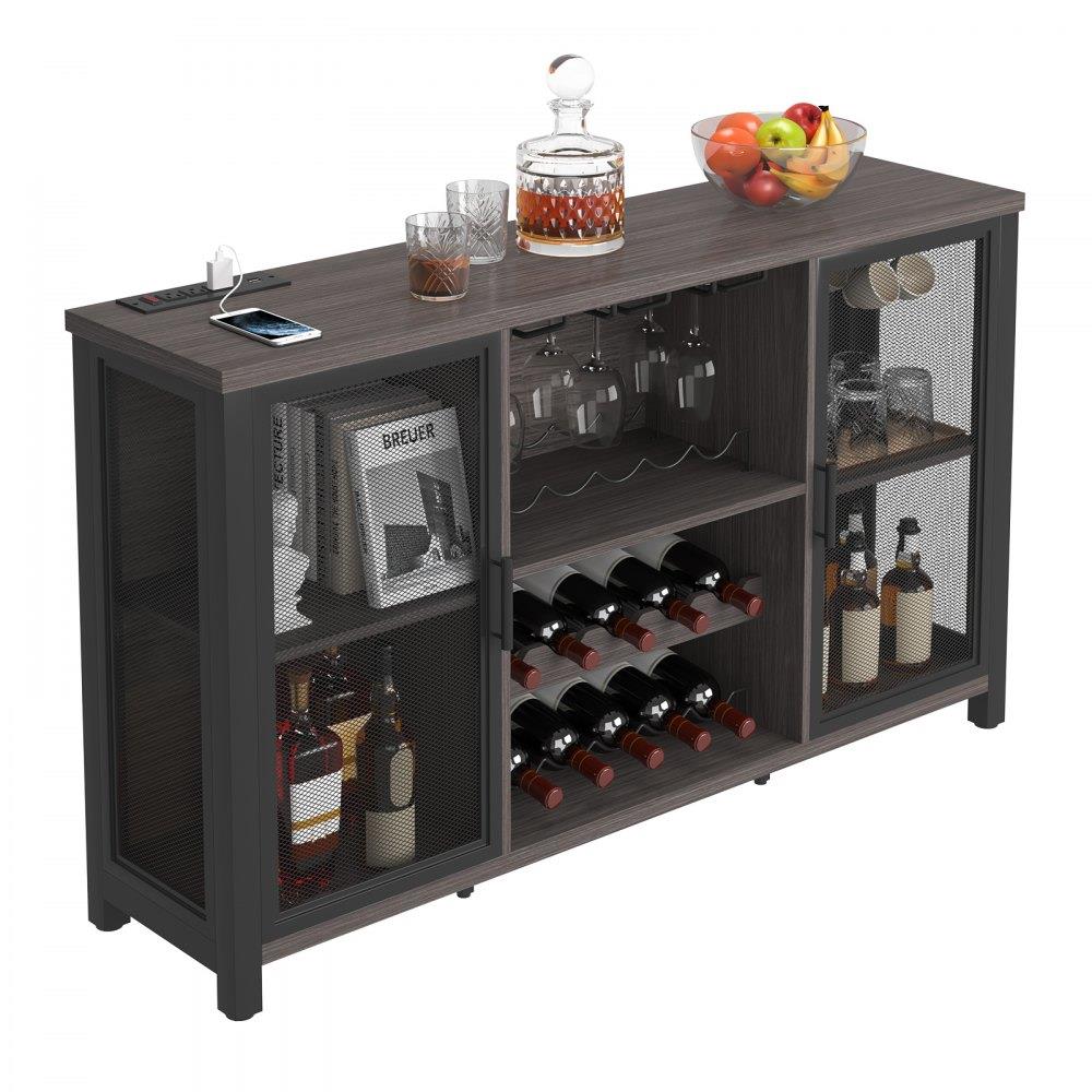 55 Inch Industrial Bar Cabinet, Wine Table for Liquor and Glasses, Sideboard Buffet Cabinet with Wine Rack, Freestanding Farmhouse Wood Coffee Bar Cabinet for Living Room, Home Bar, and Kitchen