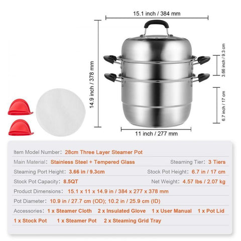 Steamer Pot 11in/28cm, 3 Tier Steamer Pot for Cooking with 8.5QT Stock Pot, Vegetable Steamer & 2 Steaming Tray, Food-Grade 304 Stainless Steel Food Steamer Cookware for Gas Electric Stove Grill