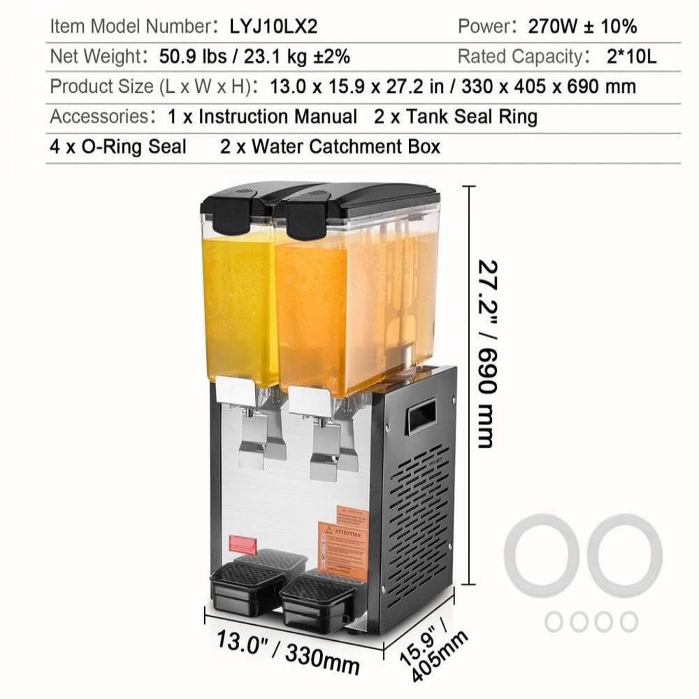 Commercial Beverage Dispenser, 2 Tanks 10 L / 10.6 QT Per Tank Juice Dispenser, 270W Stainless Steel Ice Tea Drink Machine with 45°F-54°F Cooling Temperature, for Cold Drink Restaurant Bar Party