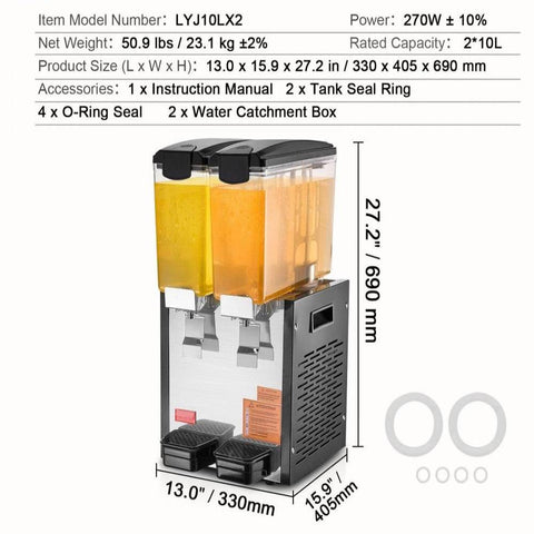Commercial Beverage Dispenser, 2 Tanks 10 L / 10.6 QT Per Tank Juice Dispenser, 270W Stainless Steel Ice Tea Drink Machine with 45°F-54°F Cooling Temperature, for Cold Drink Restaurant Bar Party