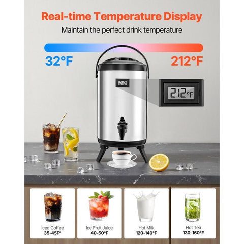 Insulated Beverage Dispenser, 2 Gal/7.6L Stainless Steel Thermal Drink Server with Spigot & Temp Display, Suitable for Hot and Cold Drinks, for Tea Coffee Water in Cafes & Restaurants, Silver