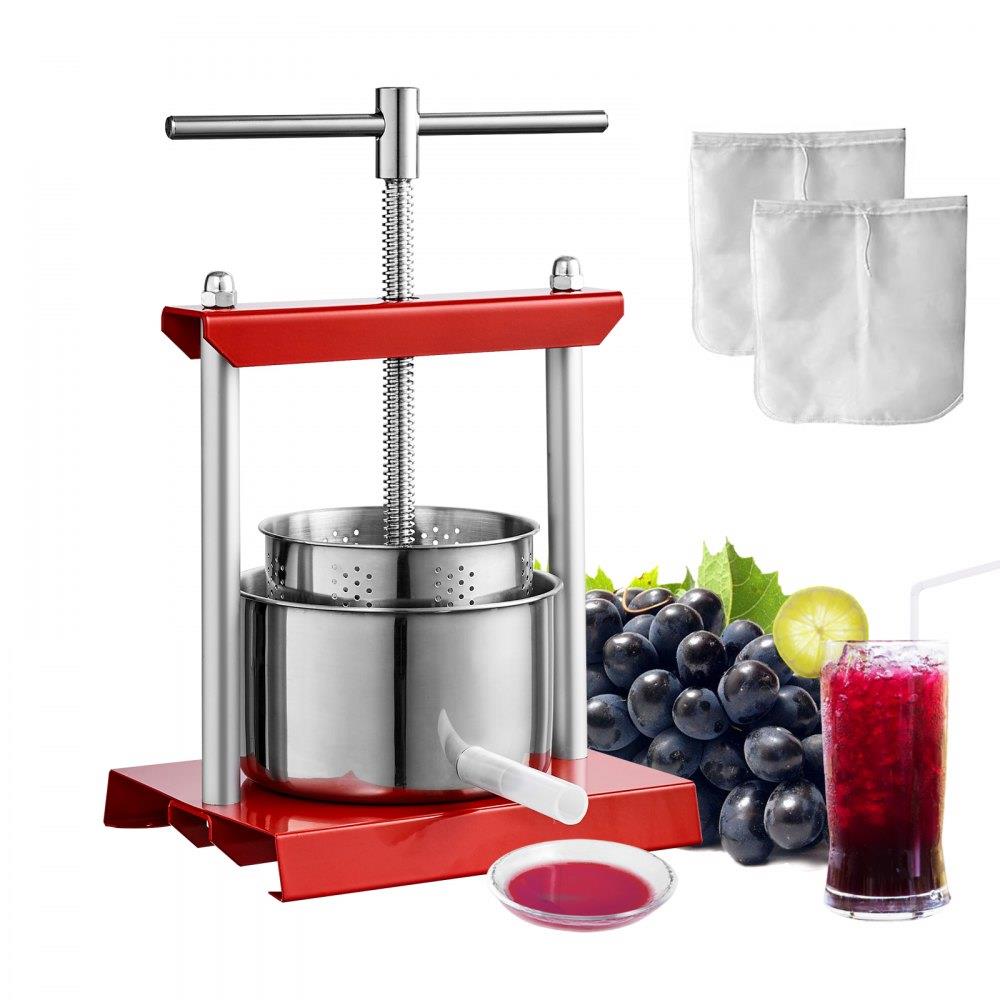 Fruit Wine Press, 1.6 Gallon/6L, 2 Stainless Steel Barrels, Manual Juice Maker, Cider Apple Grape Tincture Vegetables Honey Olive Oil Making Press with T-Handle for Outdoor, Kitchen, and Home