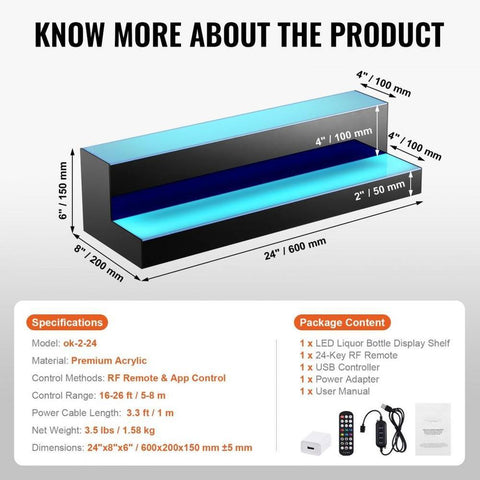 LED Lighted Liquor Bottle Display Bar Shelf RF App Control 24in 2 Step Remote Controlled Bar Shelf