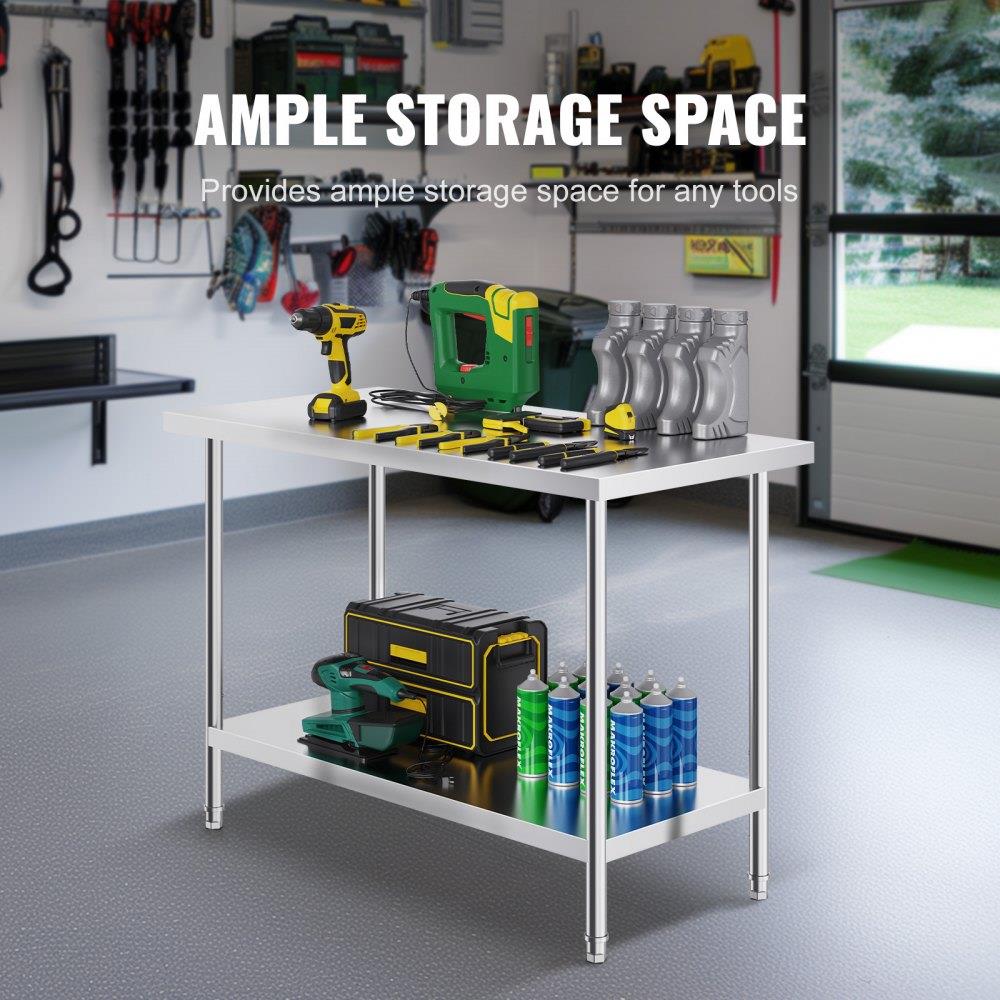 Stainless Steel Prep Table, 24 x 48 x 34 Inch, Heavy Duty Metal Worktable with 3 Adjustable Height Levels, Commercial Workstation for Kitchen Garage Restaurant Backyard