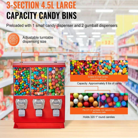 Commercial Vending Machine, Triple Compartment Candy Dispenser with Iron Stand, Gumball and Candy Machine for Business, Coin Operated Gumball Bank for Toy Capsules Bouncy Balls Candy Nut, Red