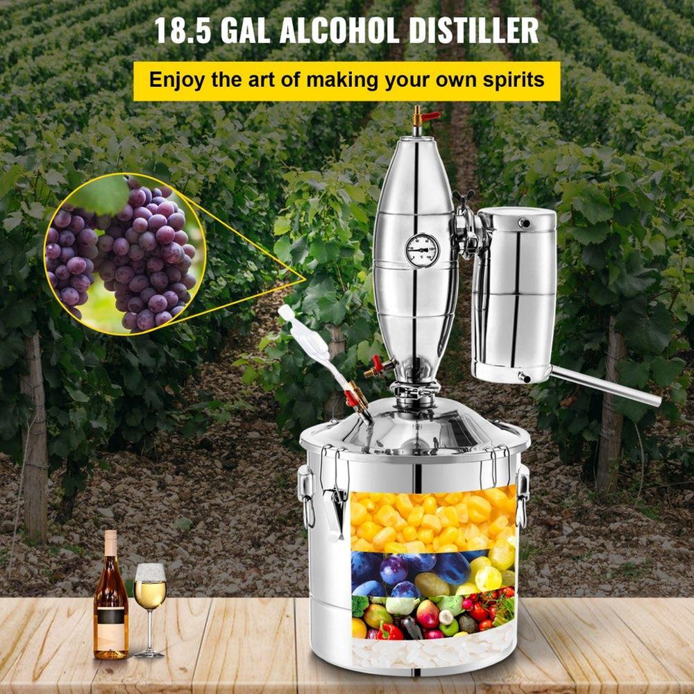 70L 18.5Gal Water Alcohol Distiller 304 Stainless Steel Alcohol Still Wine Making Boiler Home Kit with Thermometer for Whiskey Brandy Essential, Sliver