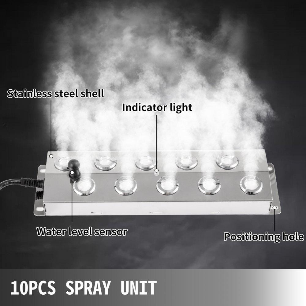 Mist Maker Fogger 10 Head Ultrasonic Mist Fogger with Waterproof Power Supply Ultrasonic Fogger Humidifier Stainless Steel Pond Mister Fogger 5kg/h