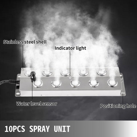 Mist Maker Fogger 10 Head Ultrasonic Mist Fogger with Waterproof Power Supply Ultrasonic Fogger Humidifier Stainless Steel Pond Mister Fogger 5kg/h