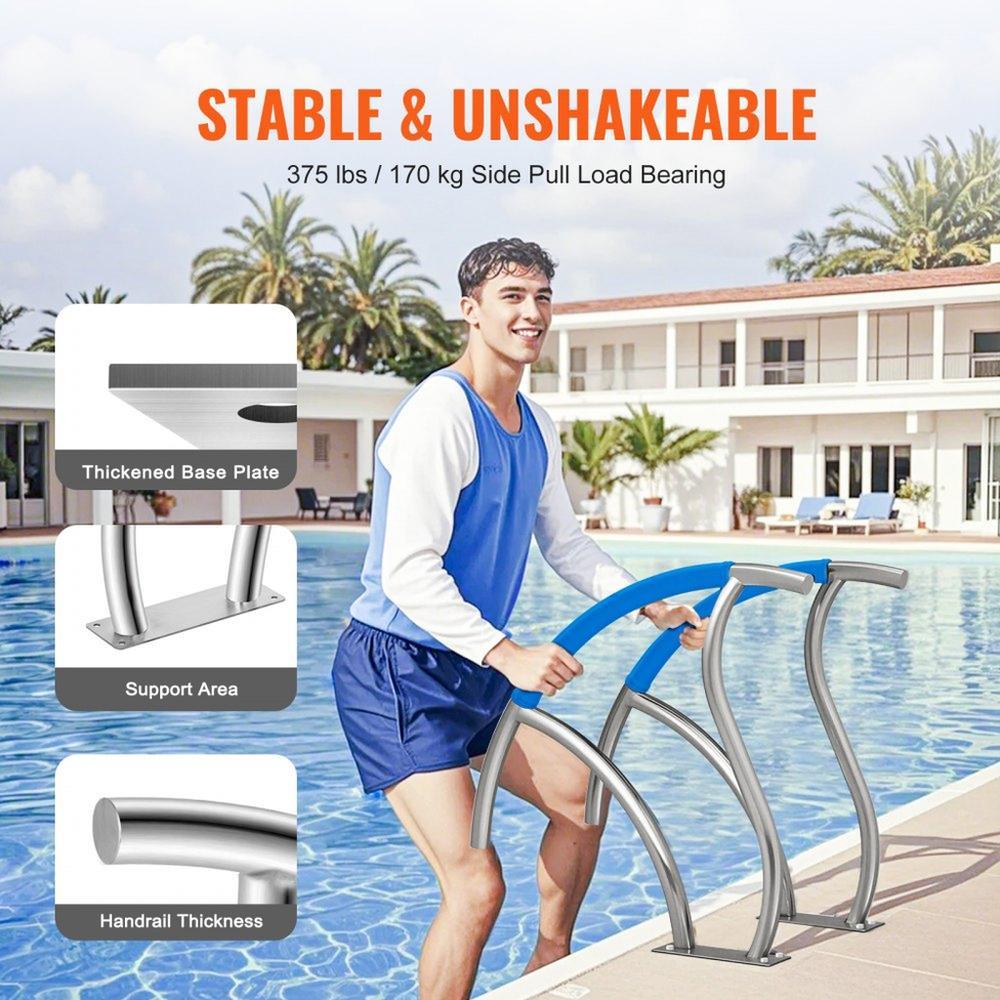 Pool Handrail, 2Pack 30"x30" Φ42 mm Swimming Pool Stair Rail, 304 Stainless Steel Stair Pool Hand Rail Rated 110lbs Load Capacity, Pool Rail with Quick Mount Base Plate, and Complete Mounting Accessory