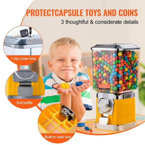 Gumball Machine for Kids, 17"H Home Candy Vending Machine, PC Gumball Dispenser, Bubble Gum Machine for Game Stores, Coin Operated Gumball Bank for Toy Capsules Bouncy Balls Candy, Yellow