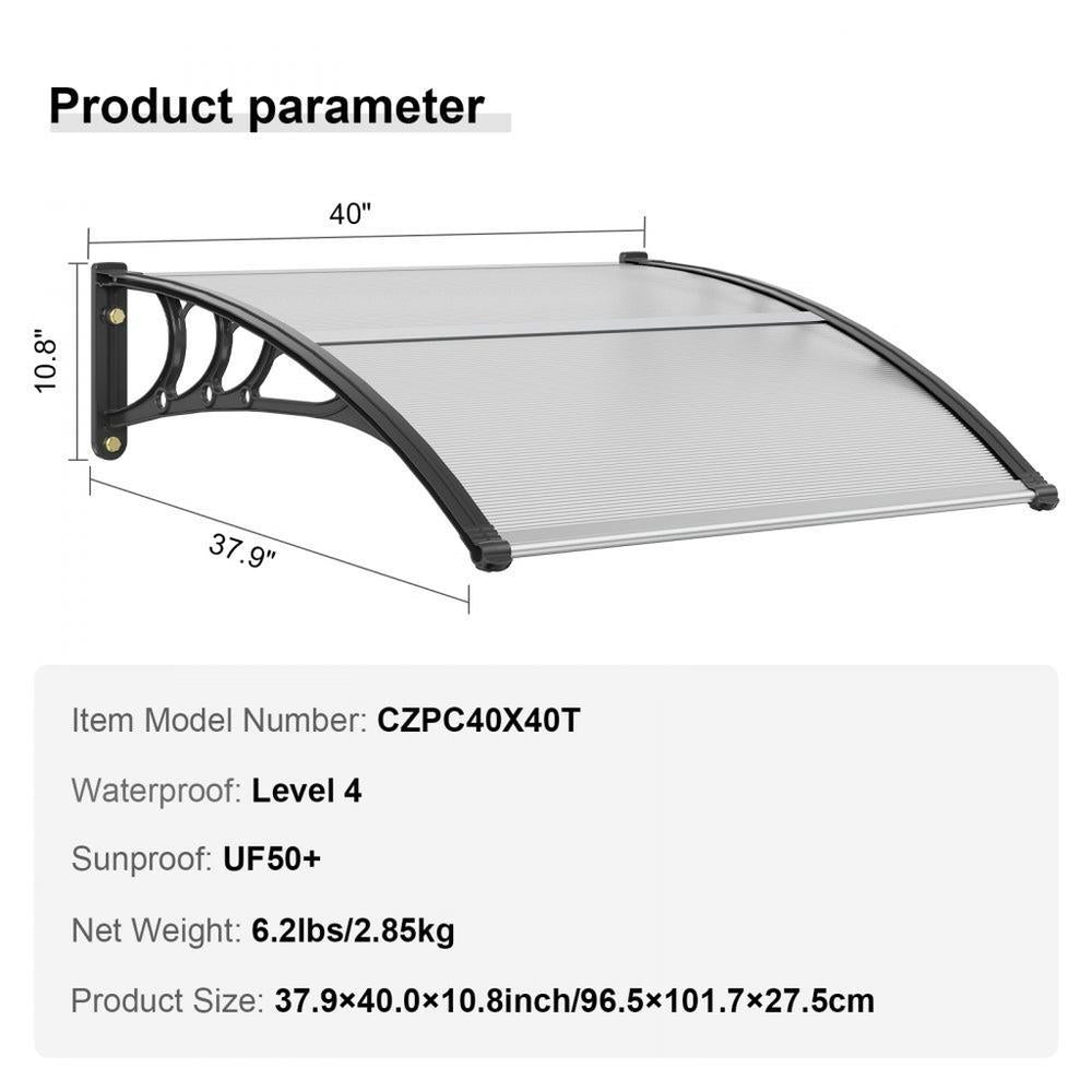Window Door Awning Canopy 40" x 40", UPF 50+ Polycarbonate Entry Door Outdoor Window Awning Exterior, Front Door Overhang Awning for Sun Shutter, UV, Rain, Snow Protection, Hollow Sheet