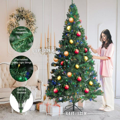 Christmas Tree, 7.5ft Prelit Artificial Xmas Tree, Full Holiday Decor Tree with 550 Multi-Color LED Lights, 1346 Branch Tips, Metal Base for Home Party Office Decoration