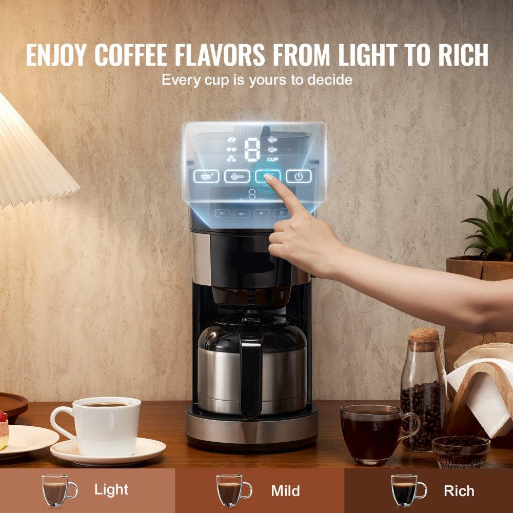 Coffee Maker with Grinder, 8 Cup Programmable Coffee Machine, Grind and Brew Coffee Maker with 24-Hour Timer for Auto Brew, Reusable Filter, for Home Office Restaurant