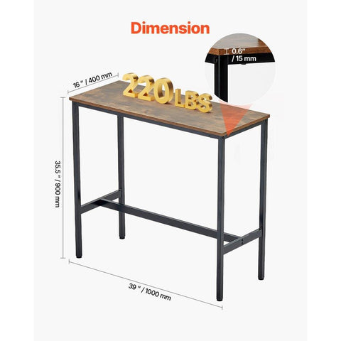 Bar Table, Sturdy Metal Frame High Top Pub Table, Narrow Long Kitchen Dining, Cocktail Counter Bar Height Desk, Easy to Assemble,39x16x35.5 in, for Living Room Party, Rustic Brown and Black