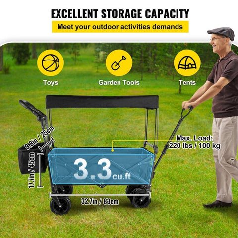 Extra Large Collapsible Garden Cart with Removable Canopy, Folding Wagon Utility Carts with Wheels and Rear Storage, Wagon Cart for Garden, Camping, Grocery Cart, Shopping Cart, Black