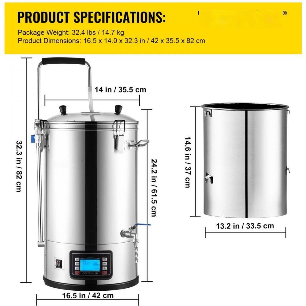 Electric Brewing System, 9.2 Gal/35 L Brewing Pot, All-in-One Home Beer Brewer with Pump, Mash Boil Device with Panel, Auto/Manual Mode 100-1800W Power 25-100℃ Temp 1-180 min Timer Recipe Memory