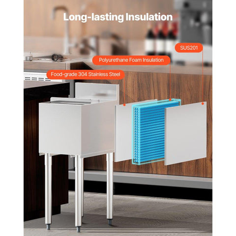 Commercial Ice Bin, 28 L Underbar Ice Bin, 12 x 19 x 37 in Stainless Steel Ice Chest with Sliding Lid, Bottle Holders, Adjustable Bullet Feet, Cooler Cart Cocktail Unit for Bar Restaurant Pub