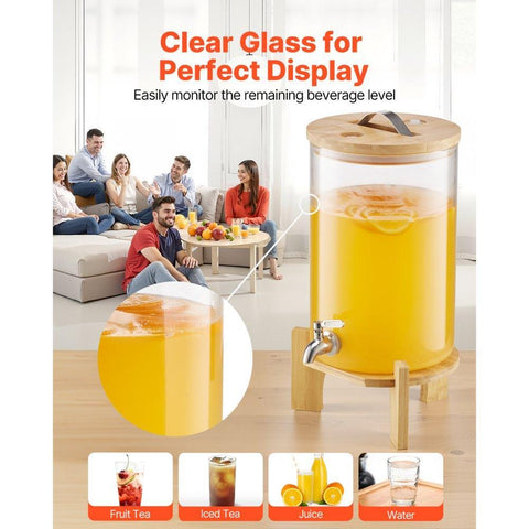 Beverage Dispenser, 2.2 Gallon Drink Dispensers for Parties, Glass Juice Dispenser with Wood Stand, Stainless Steel Spigot, Iced Tea Lemonade Juice Water Dispensers for Parties