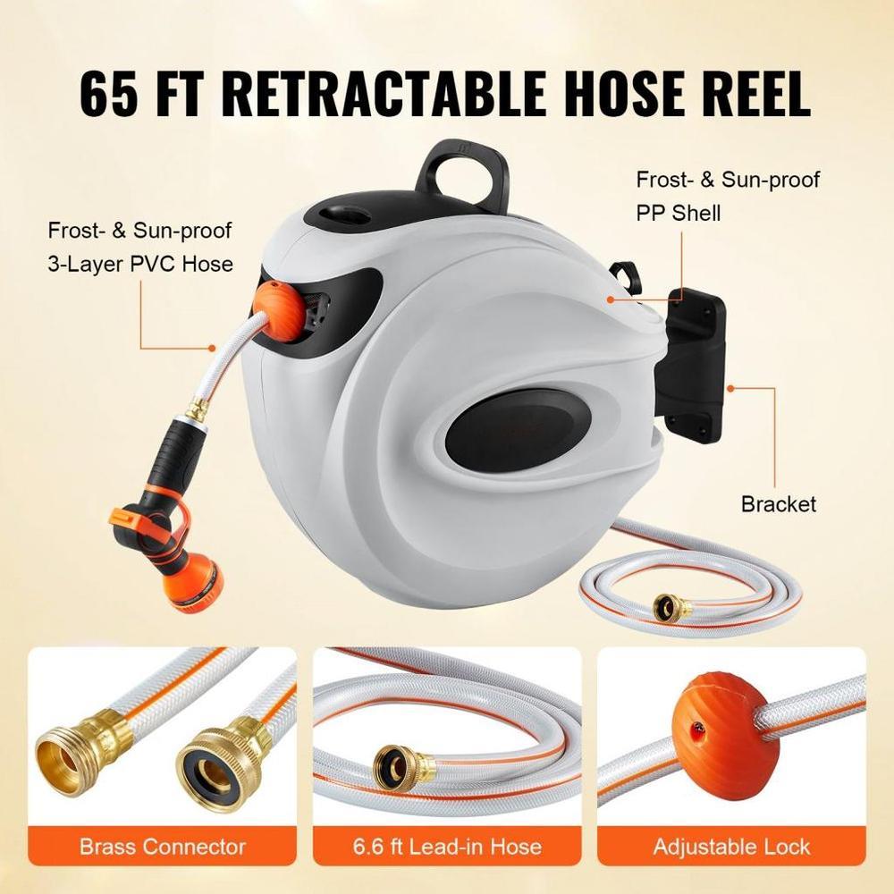 Retractable Hose Reel Water Hose Reel 65'x5/8" 180° Swivel Wall-Mounted