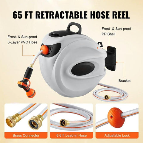 Retractable Hose Reel Water Hose Reel 65'x5/8" 180° Swivel Wall-Mounted