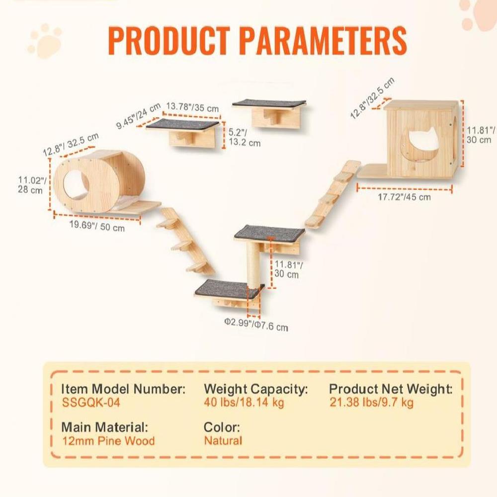 Wall Mounted Cat Shelves Tree with Jumping Boards Nests Hammock Set of 7