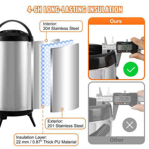 Stainless Steel Insulated Beverage Dispenser 24 Gallon 92 Liter Thermal Hot and Cold Drink Server with Spigot Handle Food Grade for Tea Coffee Water Restaurant Drink Shop