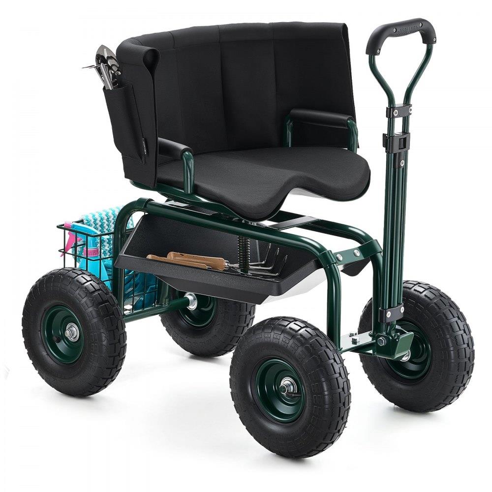 Rolling Garden Cart with Swivel Seat Backrest Toolbox Wheel Extendable Handle