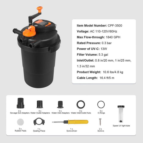 Bio Pressure Pond Filter, Up to 2000 Gallons, with 13W UV-C Light, 1840 GPH, Pressurized Biological Pond Filter System Filtration Equipment for Fountain Pool, Koi Fish Aquarium Tank Garden Water