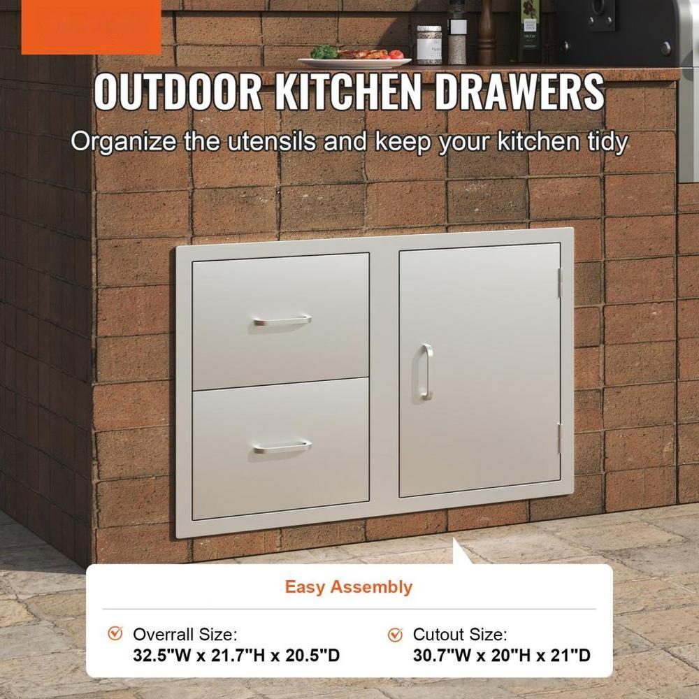 Outdoor Kitchen Door Drawer Combo 32.5" W x 21.7" H x 20.5''D, Access Door/Double Drawers with Paper Towel Rack, BBQ Island Drawers with Stainless Steel Handles for Outdoor Kitchen