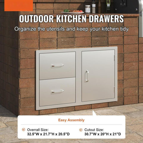 Outdoor Kitchen Door Drawer Combo 32.5" W x 21.7" H x 20.5''D, Access Door/Double Drawers with Paper Towel Rack, BBQ Island Drawers with Stainless Steel Handles for Outdoor Kitchen