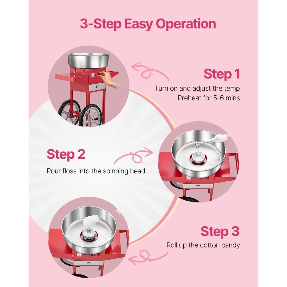 Commercial Cotton Candy Machine with Cart Sugar Floss Maker 1000W for Party Red