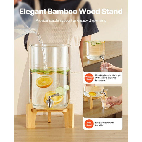 Beverage Dispenser, 2.2 Gallon Drink Dispensers for Parties, Glass Juice Dispenser with Wood Stand, Stainless Steel Spigot, Iced Tea Lemonade Juice Water Dispensers for Parties