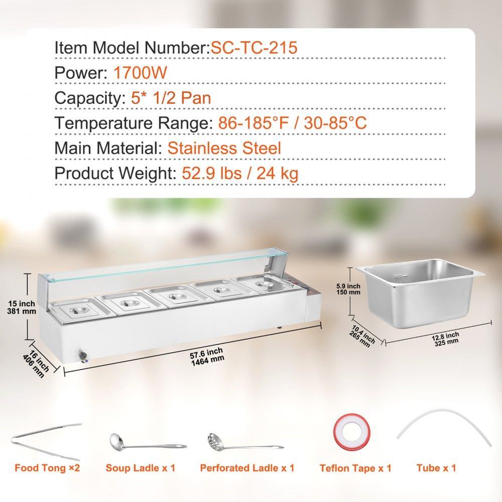 Commercial Electric Food Warmer Countertop Buffet 5*8Qt with Glass Shield