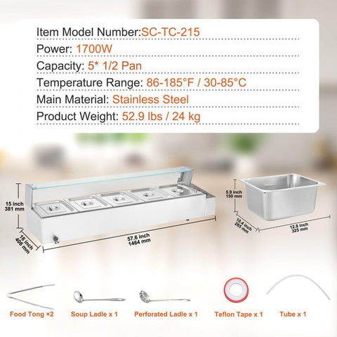 Commercial Electric Food Warmer Countertop Buffet 5*8Qt with Glass Shield