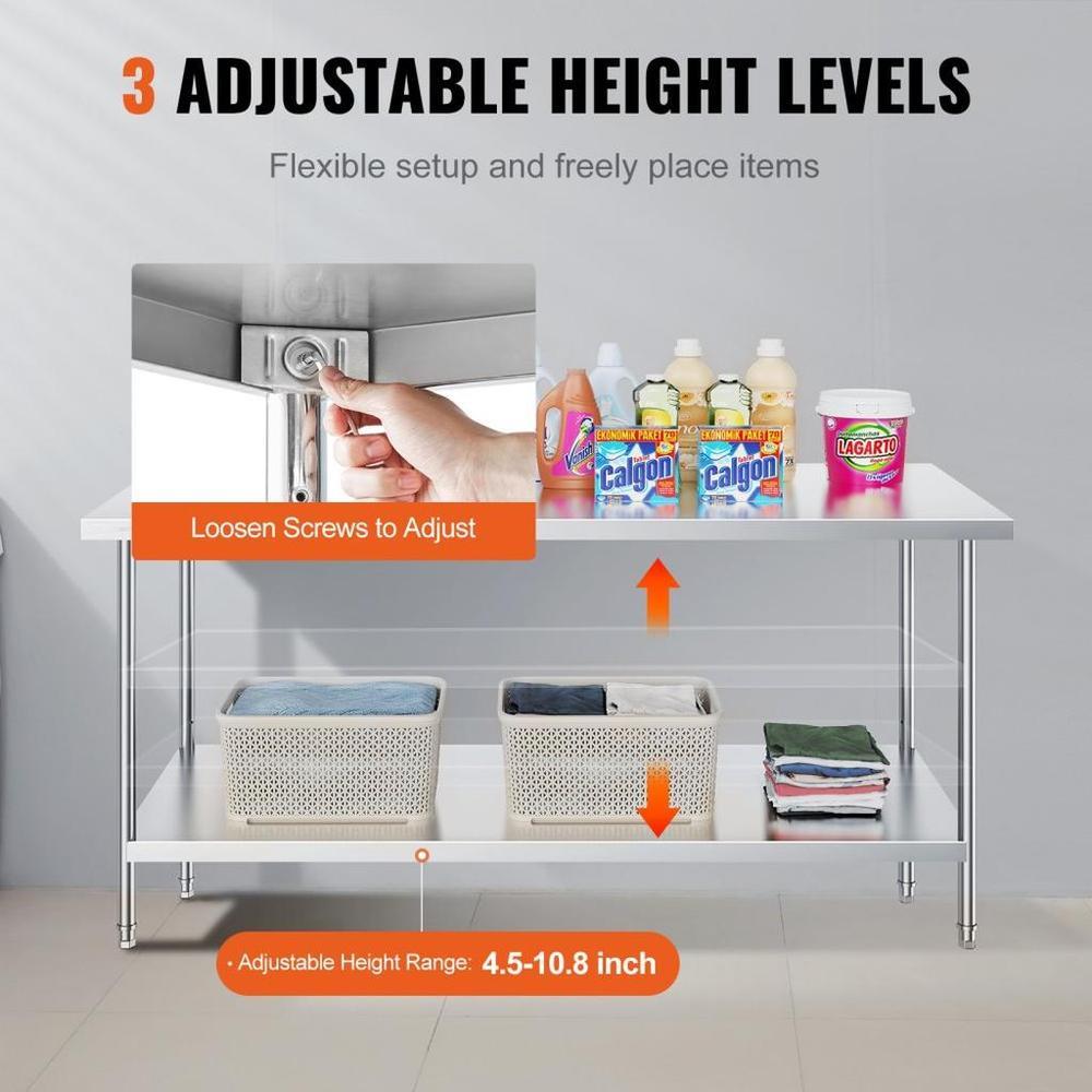 Stainless Steel Prep Table, 30 x 72 x 34 Inch, Heavy Duty Metal Worktable with 3 Adjustable Height Levels, Commercial Workstation for Kitchen Garage Restaurant Backyard