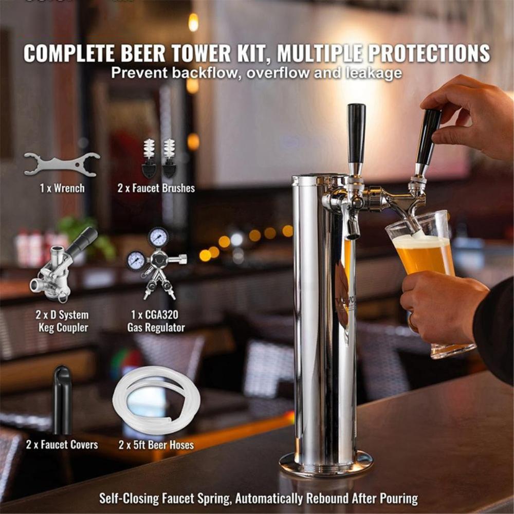 Kegerator Tower Kit, Dual Taps Beer Conversion Kit, Stainless Steel Keg Beer Tower Dispenser with Dual Gauge CGA320 Regulator & D-System Keg Coupler, Self-Closing Spring for Party Bar Home