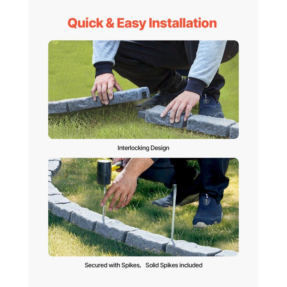 Faux Stone Landscape Edging, 46.4 x 2.2 in Realistic Lawn Edging, Flexible Brick-Sized Garden Edging Border with Anchoring Spikes, Fade-Resistant Yard Edging for Driveways Walkway Grey