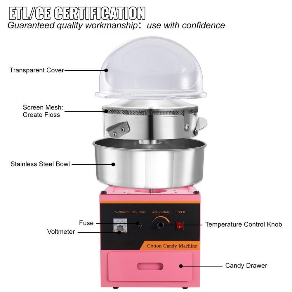 Electric Cotton Candy Machine, 1000W Candy Floss Maker, Commercial Cotton Candy Machine with Stainless Steel Bowl, Sugar Scoop, and Cover, Perfect for Home Kids Birthday, Family Party Pink