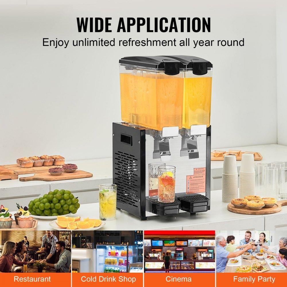 Commercial Beverage Dispenser, 2 Tanks 10 L / 10.6 QT Per Tank Juice Dispenser, 270W Stainless Steel Ice Tea Drink Machine with 45°F-54°F Cooling Temperature, for Cold Drink Restaurant Bar Party